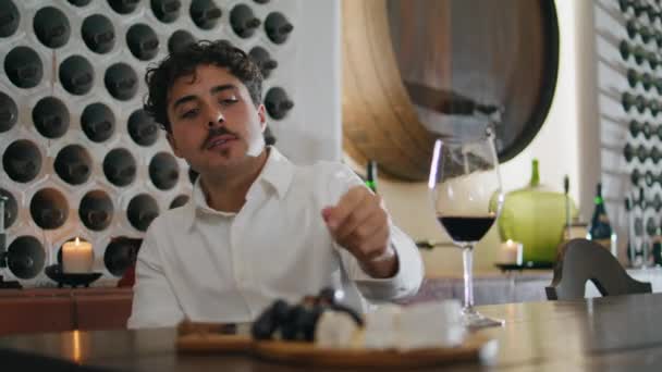 와인을 즐기며 책상에 식당에서 식사를 수염없는 남자가 치즈를 양조장에서 브루넷 — 비디오