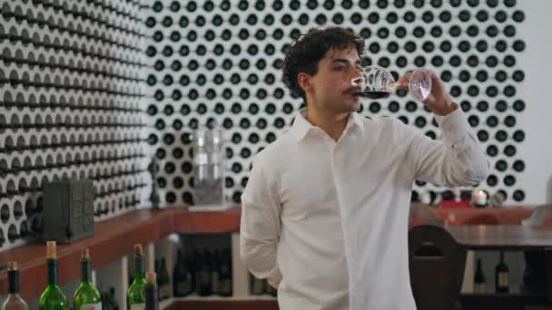 Kendine Güvenen Talyan Adam Kırmızı Şarap Tadıyor Şaraphane Restoranında Dikiliyor — Stok video