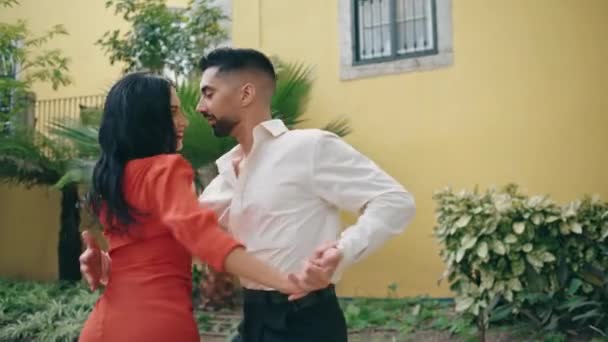 激情洋溢的拉丁裔舞蹈家在公园里表演着迷人的热舞 美丽的女人和迷人的男人一起欣赏萨尔萨的表演 一对专业的艺术家搭档在大自然中跳舞 — 图库视频影像