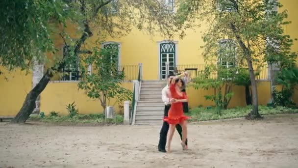 Пара Профессионалов Танцующих Латино Городском Парке Страстные Молодые Артисты Танцуют — стоковое видео