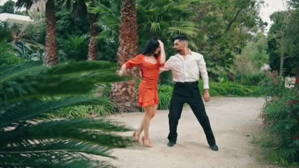 Två Unga Professionella Artister Dansar Latinamerikansk Dans Vackra Stadsträdgården Graciös — Stockvideo
