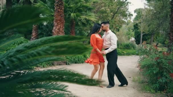 性感的桑巴舞者在热带城市公园表演拉蒂诺舞曲 热情优雅的男人与美丽的女人跳舞慢动作 在花园表演的精力充沛的专业人士 — 图库视频影像