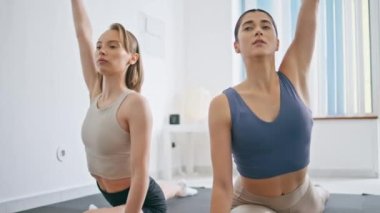 Ayaklarını büken atlet kızlar içeride yoga pozu veriyorlar. Sabah vakti esneme hareketleri yapan iki rahat spor kadını. Spor kıyafetleri esnek bayanlar lastik minder üzerinde antrenman yapıyor. Spor hayatı. 