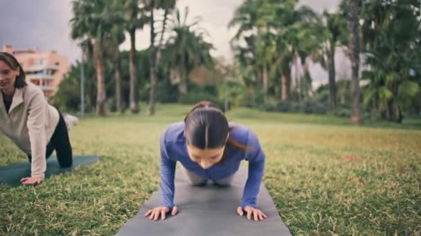 Спортивна Жінка Штовхає Тренування Тропічній Природі Спортсменка Тренує Руки Вправляючись — стокове відео