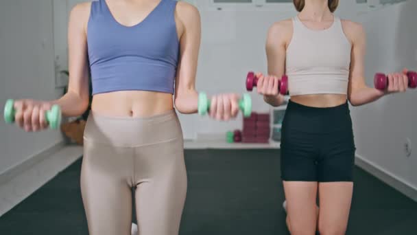 Two Girls Exercising Dumbbells Home Closeup Unknown Sporty Couple Making — Stock Video