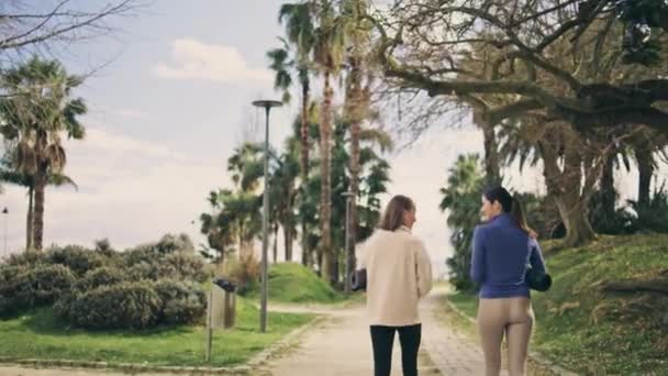Relaxed Yogini Speaking Street Walk Together Calm Sport Women Strolling — Stock Video