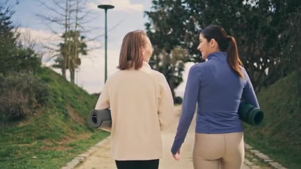 Πίσω Όψη Yogini Περπάτημα Σοκάκι Ενεργό Λεπτές Φίλες Μεταφέρουν Λαστιχένια — Αρχείο Βίντεο