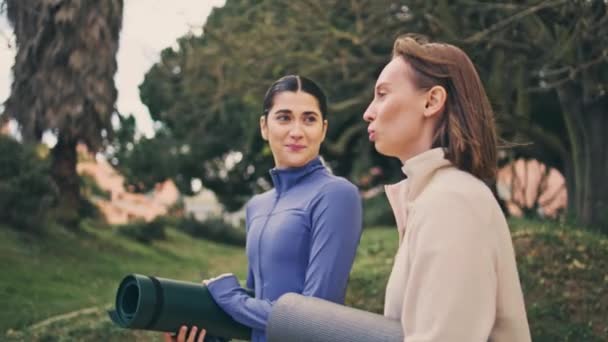 快乐的女运动员在公园里闲聊特写 安静的笑着的女人一起走着去参加绿色自然的健身锻炼 健康微笑的运动员参加户外普拉提训练 享受新鲜空气 — 图库视频影像