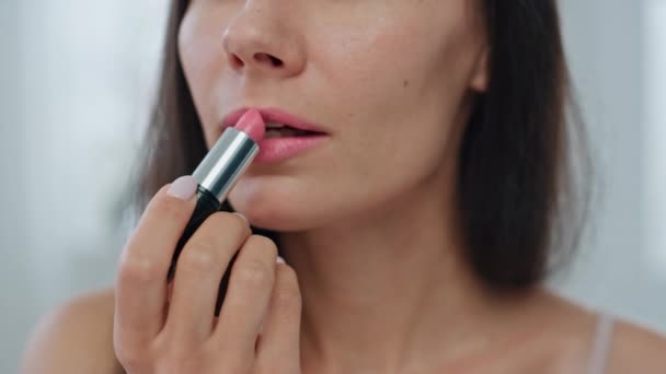 Portrait Model Applying Lipstick Home Smiling Woman Putting Pink Colour — Stock Video