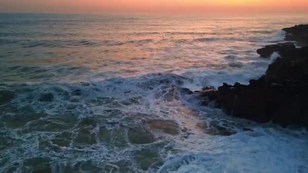 Dramatic Sea Foaming Shoreline Stones Beach Sunset Drone View Amazing — Stock Video