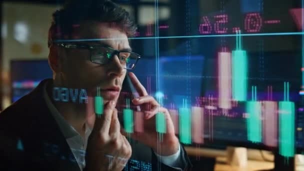 Sales Trader Talking Mobile Phone Data Hologram Closeup Focused Man — Stock Video