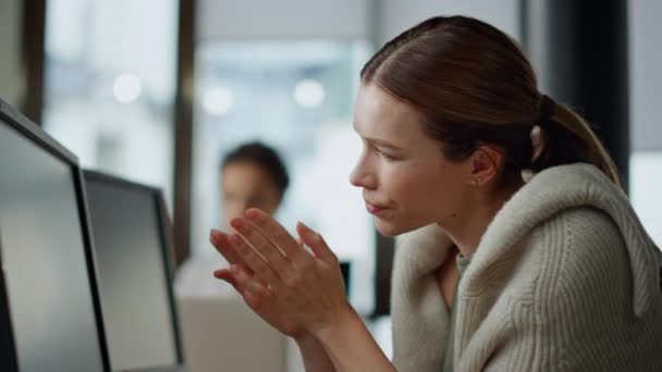 Worried Manager Analyze Software Code Closeup Exhausted Woman Rubbing Head — Stock Video
