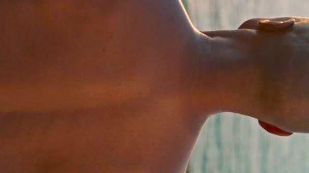 Closeup Athletic Man Training Sea Sunset Muscular Male Back Ocean — Stock Video