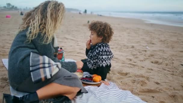 Anne Sonbahar Okyanus Kıyısında Oğlunun Pikniğinin Keyfini Çıkarıyor Aile Birlikte — Stok video