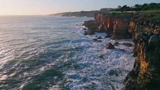 Picturesque Rocky Sea Coast Soft Evening Sunlight Drone View Stormy — Stock Video