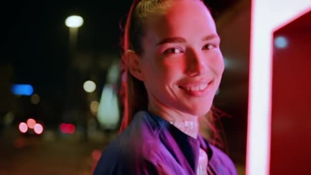 Trendy Happy Woman Enjoy Nightlife Standing Outdoors Neon Lights Close — Stock Video