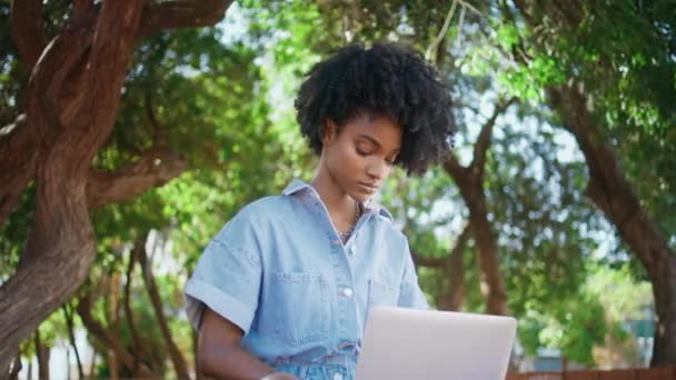 认真从事自然打字工作的自由职业者近距离接触现代笔记本电脑 以非洲裔美国女孩为重点 用无线计算机远程工作 坐在绿地公园里 卷曲的年轻女士在看笔记本屏幕 — 图库视频影像