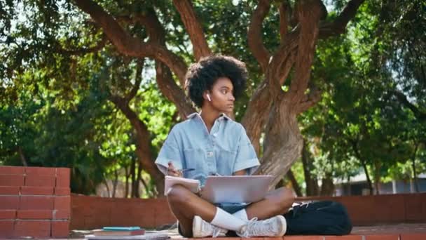 Teenager Die Abgelegenen Klassen Mit Laptop Sitzen Schönen Grünen Park — Stockvideo