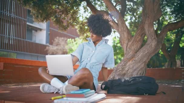Afrikaanse Student Typt Laptop Zittend Zonnig Park Draadloze Oortjes Schattig — Stockvideo