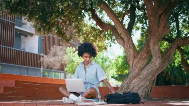 一个带着笔记本电脑坐在公园树下的时髦女孩戴着耳机 迷人的非洲裔美国女人在户外用智能手机打开音乐 利用自然无线技术释放青少年 — 图库视频影像