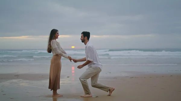 Amorous Lovers Engaging Sunset Seashore Handsome Man Making Surprise Marriage — Foto Stock