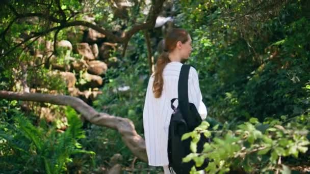 Расслабленная Женщина Созерцает Природный Парк Гуляющий Рядом Зелеными Деревьями Рюкзаком — стоковое видео