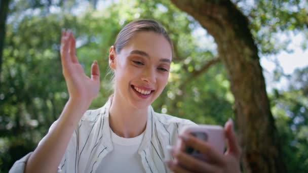Girl Talking Video Chat Holding Smartphone Forest Greenery Close Happy — Stock Video