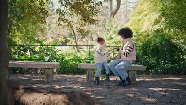 妈妈拍手与女儿坐在长椅上美丽的绿色公园 年轻的非洲裔美国妈妈和可爱的小女孩在阳光普照的大自然中玩着滑稽的游戏 无忧无虑的家庭快乐地在一起 — 图库视频影像