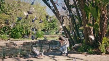 Sunny Park 'ta kızıyla birlikte uçan güvercinler. Mutlu Afro-Amerikan annesi dışarıda aç kuşlardan saklanıyor. Neşeli anne, hafta sonunu tatlı küçük kızla geçiriyor..