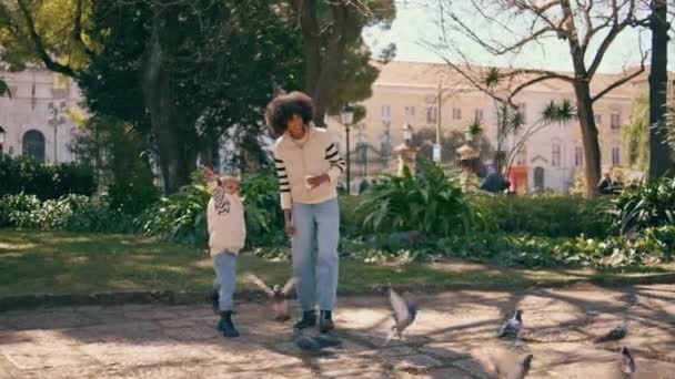 Bambino Afroamericano Che Nutre Uccelli Con Madre Felice Nel Parco — Video Stock