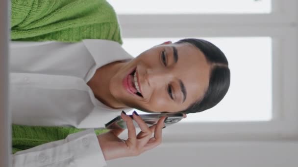 Positive Freelancer Chatting Cellphone Room Vertical Shot Closeup Happy Cheerful — Stock Video