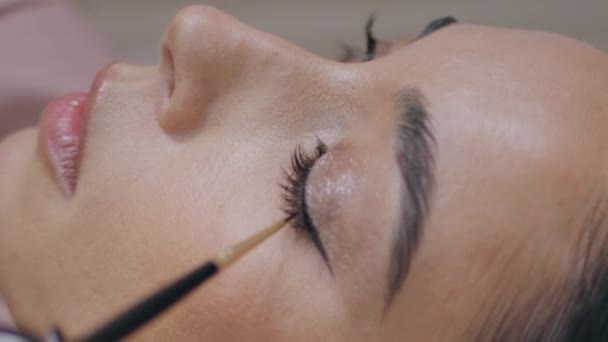 Mulher Close Aplicando Maquiagem Eyeliner Interior Quarto Visagiste Cara Senhora — Vídeo de Stock
