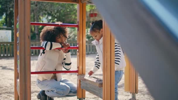 Happy Mother Daughter Playing Sunny Playground Young African American Woman — Stock Video