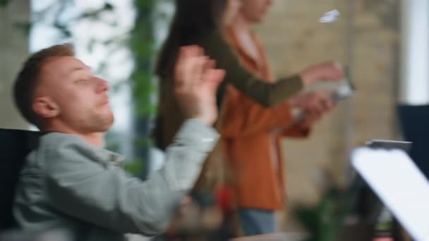 Romantic Guy Flirting Coworker Girl Throwing Paper Ball Joke Closeup — Stock Video