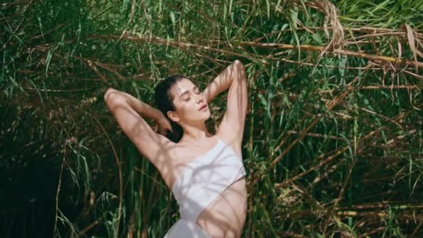 Nyugodt Lány Bambuszfákat Pózol Meleg Nyári Reggelen Fehér Bikinis Hölgy — Stock videók