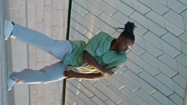 現代的なバンチスタイリッシュな場所を垂直方向に演奏する現代ダンサー 柔軟に動くドレッドマン 振付テクニックを即興する優秀な男 音楽を楽しむアフリカ系アメリカ人パフォーマー — ストック動画