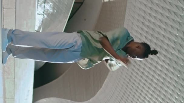 Talented Performer Dancing Stadium Alone Vertical African American Guy Rehearsing — Stock Video