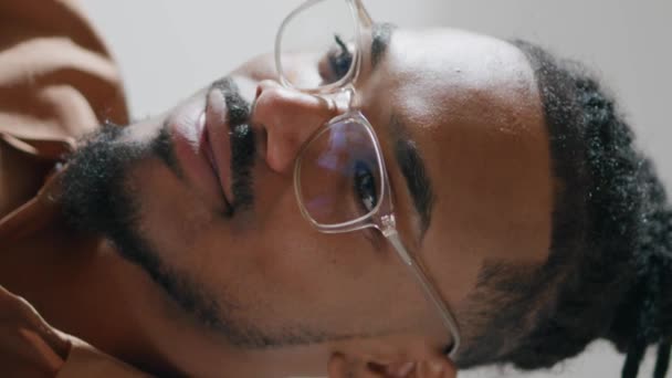 Eyeglasses Guy Working Laptop Home Office Vertical Closeup Positive Man — Stock Video