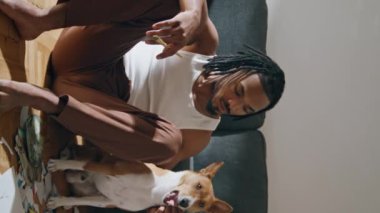 Evcil hayvan pozu veren pozitif adam dikey olarak zoom yapıyor. Esneyen köpek portresini kucaklayan Afrikalı Amerikalı adam. Gülümseyen sanatçı çizimden sonra dinleniyor. Modern ressam evcil hayvanlarla dinleniyor.