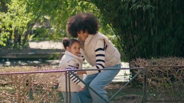 Frau Trägt Tochter Fuß Über Zaun Fröhliche Afrikanisch Amerikanische Mutter — Stockvideo