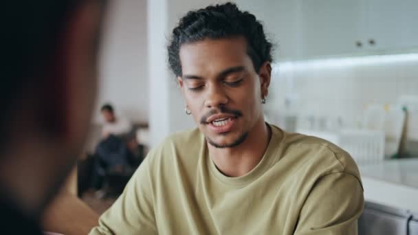 Freelancer Talking Cafe Meeting Discussing Startup Close Young Latino Man — Stock Video