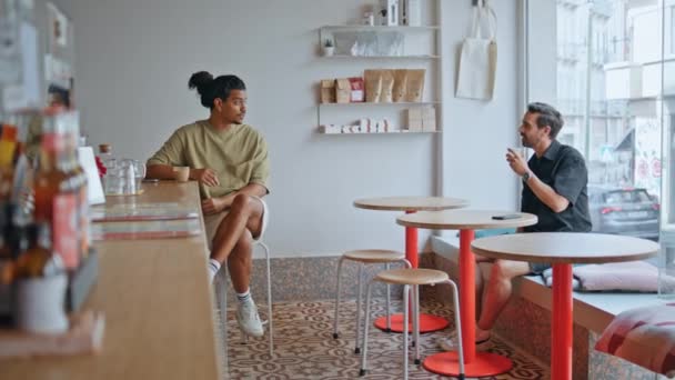Two Men Acquaintance Cafe Summer Morning Coffee Break Couple Guys — Stock Video