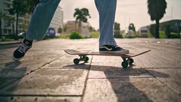 Beine Junger Kerl Beim Skateboarding Auf Der Sommerstraße Nahaufnahme Ein — Stockvideo