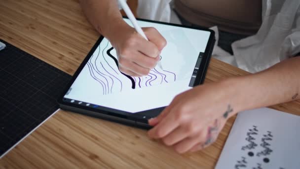Woman Hand Drawing Tablet Home Office Closeup Unknown Designer Using — Stock Video