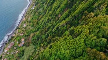 Lush Island Hills peyzaj drone çekimi. Sisli bir sabahta okyanus kıyısında nefes kesici volkanik dağ. Kara fırtınalı deniz, bulutlu bir günde pelerin yıkıyor. Kayalık kıyı şeridindeki küçük sahil köy evleri