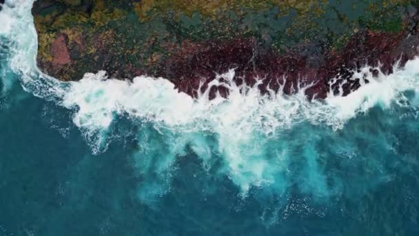 Oceano Onde Spruzzi Costa Rocciosa Vista Dall Alto Incredibile Schiuma — Video Stock