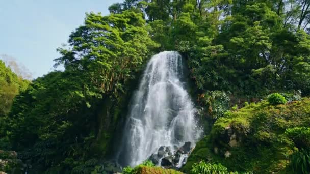 强大的瀑布冲击着无人驾驶飞机的视野 令人惊奇的生动的自然景观 夏日阳光明媚 热带湍急的溪流飘落着苔藓色的石子 美丽的瀑布流淌着翠绿的热带雨林 — 图库视频影像