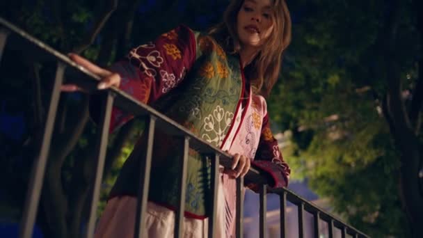 Egy Hölgy Aki Éjszakai Parkban Pihen Korlátnál Dőlve Boldog Gondtalan — Stock videók
