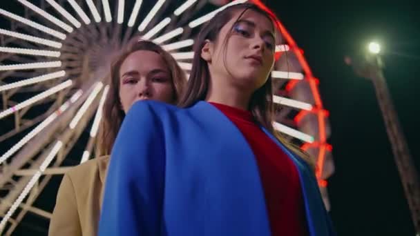 Gorgeous Girls Look Camera Blinking Ferris Wheel Closeup Trendy Models — Stock Video
