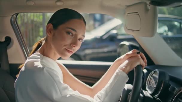 Chic Model Posing Car Holding Hands Wheel Close Gorgeous Business — Stock Video